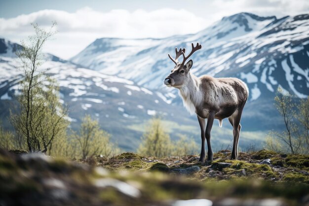 Reindeer with big antlers walking in winter tundra