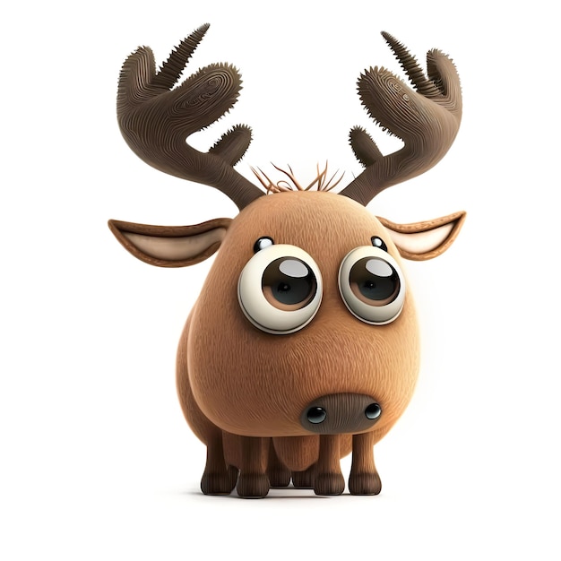 A reindeer with big eyes is standing on a white background.