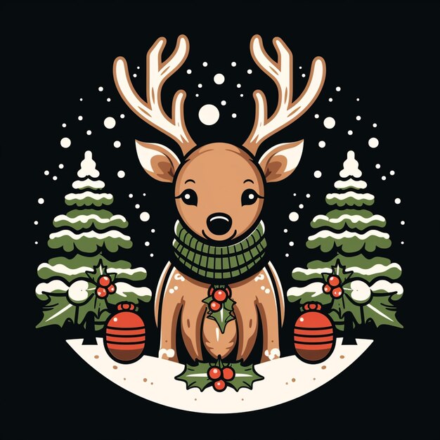 reindeer with christmas decorations and holly leaves in the snow generative ai