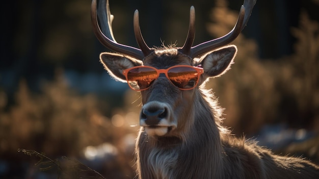 Reindeer with large strong horns and sunglasses AI generative