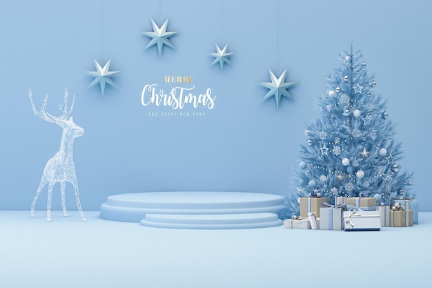 Reindeer with podium, gift box on pastel blue background. Stage for holiday 3d render