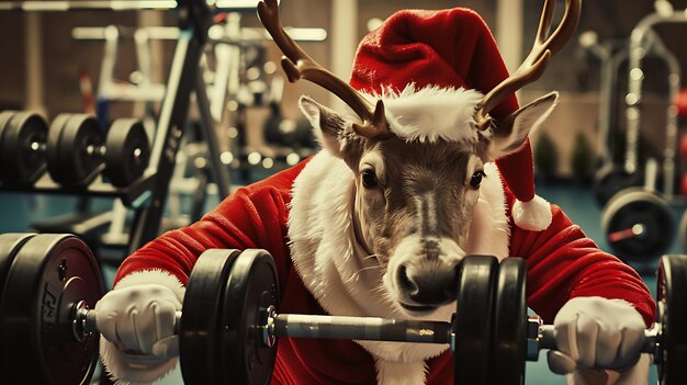 a reindeer with a santa hat is doing a trick on a barbell