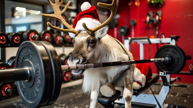 a reindeer with a santa hat on its head is holding a stick