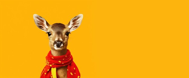 Photo reindeer with scarf merry christmas or happy new year poster panoramic layout generative ai