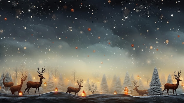 Reindeers and deers in a snowy forest with a lantern generative ai