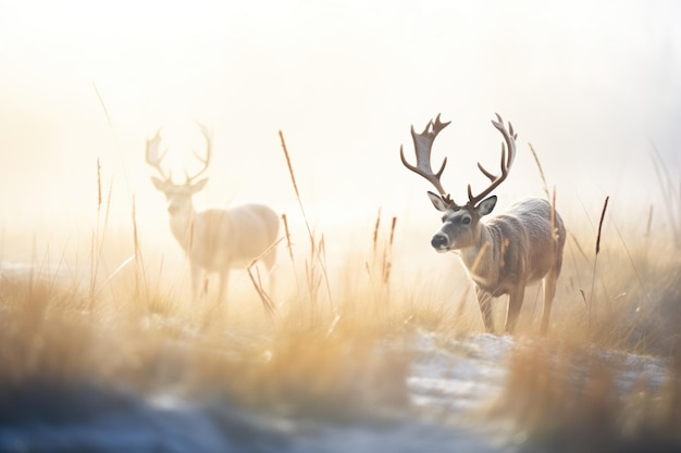 Reindeers in a foggy arctic tundra