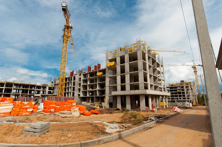 Photo reinforced frame of a new monolithic house under construction against the blue sky