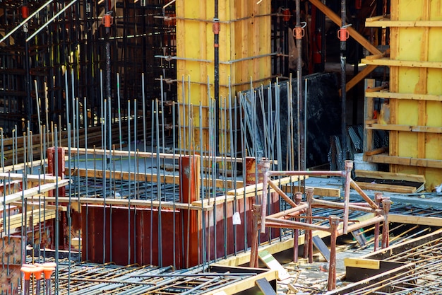 Reinforcement concrete with metal rods connected by wire. Preparation for pouring