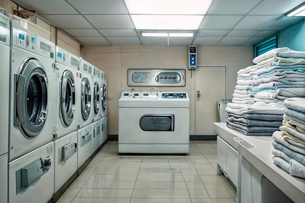 Reinigingsdiensten voor hotellinnen Leeg wasruimte met industriële wasmachines in openbare wasserette