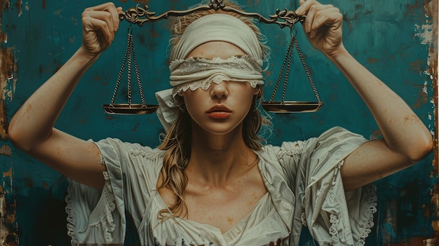 Foto reinterpretatie van lady justice themis een collage die de essentie van juridisch evenwicht vasthoudt die gelijkheid en onpartijdigheid symboliseert in een hedendaags visueel verhaal