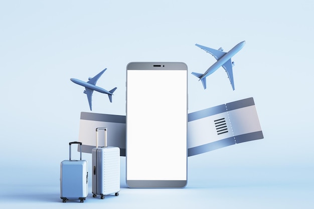 Reis- en mobiel boekingsconcept met leeg wit smartphonescherm met plaats voor website of applicatie naam blauwe koffers ticket en grafische vliegtuigen op lichte achtergrond 3D rendering mockup