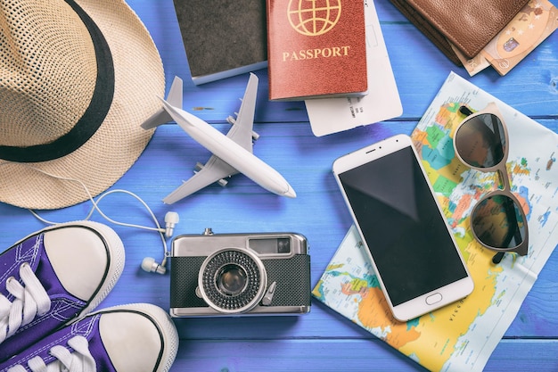 Reis- en vakantieaccessoires bovenaanzicht