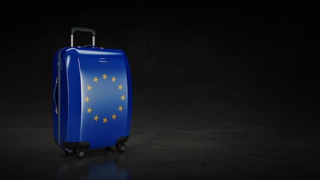 Reis naar de concepkoffers van de Europese Unie met de vlag van de Europese Unie op een witte achtergrond