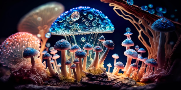 Reis naar een magisch land met gekleurde paddenstoelen en kristallen Generatieve AI