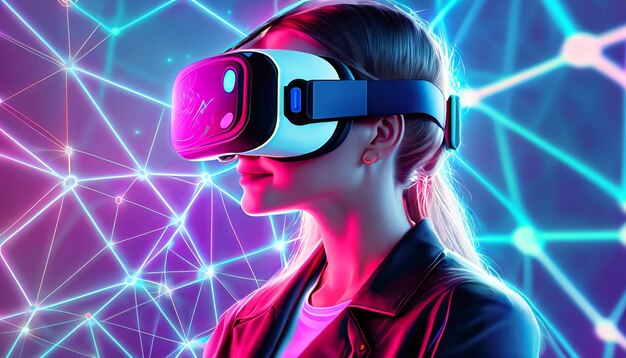 Reis naar morgen Illustratie van een futuristisch individu met gekoppelde Virtual Reality-bril