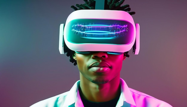 Reis naar morgen Illustratie van een futuristisch individu met gekoppelde Virtual Reality-bril