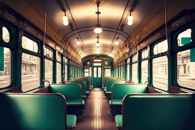 Reis per metro modern treininterieur met groene stoelen