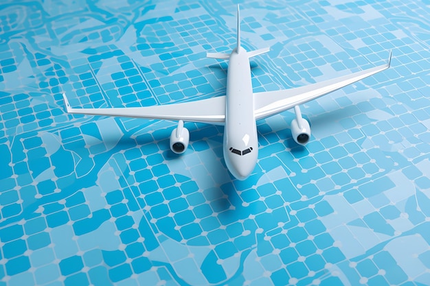 Reis wereldkaart achtergrond in veelhoekige stijl met bovenaanzicht vliegtuig neuraal netwerk ai gegenereerd