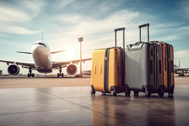Reisbagage en vliegtuig op de landingsbaan van de luchthaven Reis- en vakantieconcept Koffers op de luchthaven Reisconcept vliegtuig vliegend op de achtergrond AI Generated
