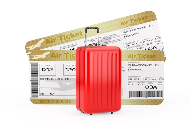 Reisconcept. Grote rode polycarbonaat koffer voor twee gouden Business of First Class Airline Boarding Pass Fly Air Tickets op een witte achtergrond. 3D-rendering