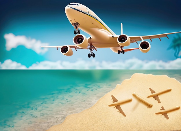 Reisconcept met vliegtuigschaduw en tropisch strand Tropisch paradijs en strandvakantie conceptueel beeld