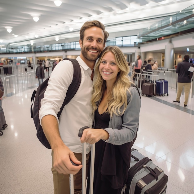 Foto reisconcept paar met blond haar neemt selfie op de luchthaven terminal glimlachend en gelukkig wachten ze om te vertrekken voor vakantie lifestyle en vakantie concept