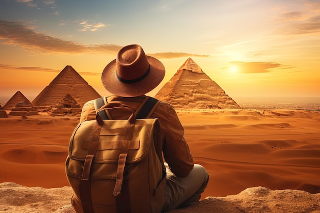 Reisende man in hoed achtergrond piramide van de Egyptische