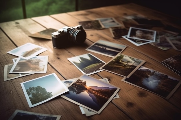 Foto reisfoto's met camera op houten tafel