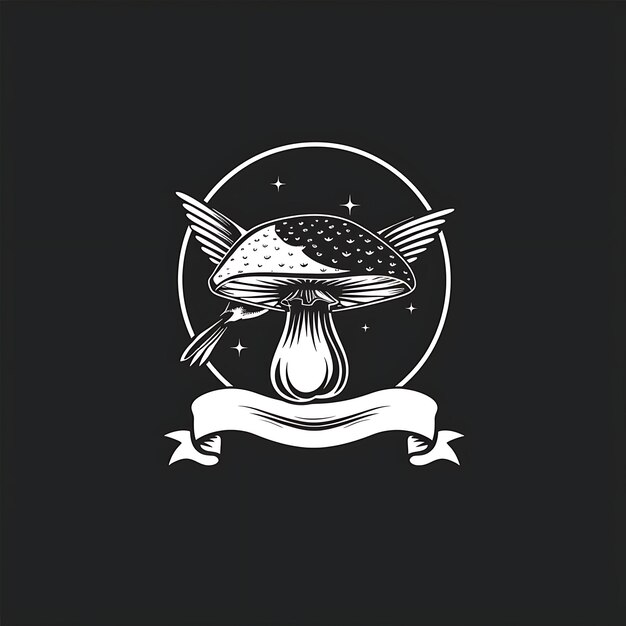 Reishi Mushroom Emblem Logo With Decorative Ribbon and Hummi Simple Tattoo Outline Design Tshirt