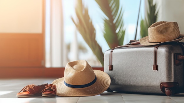 Reiskoffer Vakantie flipflops hoed zonnebril vliegticket camera zomer palmboom
