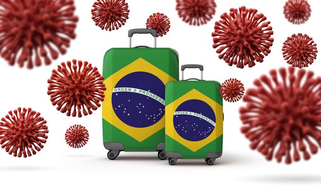 Reiskoffers onder de vlag van Brazilië met coronavirus d-weergave