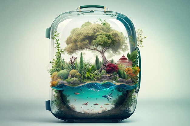 Reistas bagage gemaakt van wereld van groene omgeving bos boomplanten dier Generatieve Ai