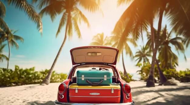 Reistijd zomer Overbelast bagage bagage in de auto voor reisconcept koffers vakantie