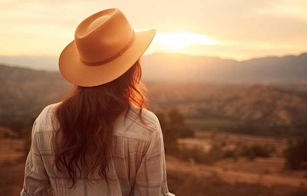 Reisvrouw buitenshuis met hoed kijkend naar de zonsondergang