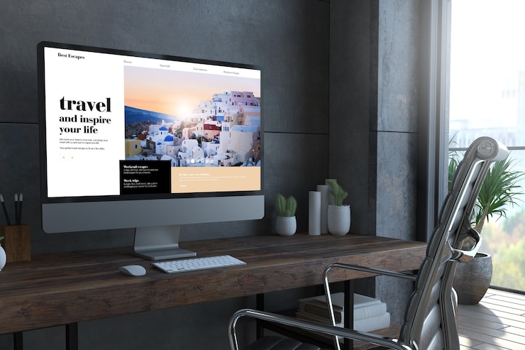 Foto reiswebsitecomputer op minimale desktop 3d-rendering
