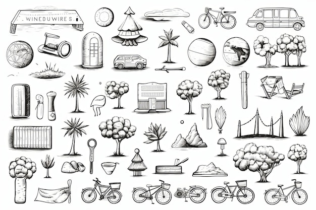 Reizen en toerisme doodle illustratie en met de hand getekende vakantie vakantie elementen outline clipart op witte achtergrond