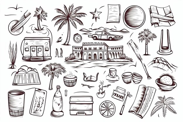 Reizen en toerisme doodle illustratie en met de hand getekende vakantie vakantie elementen outline clipart op witte achtergrond