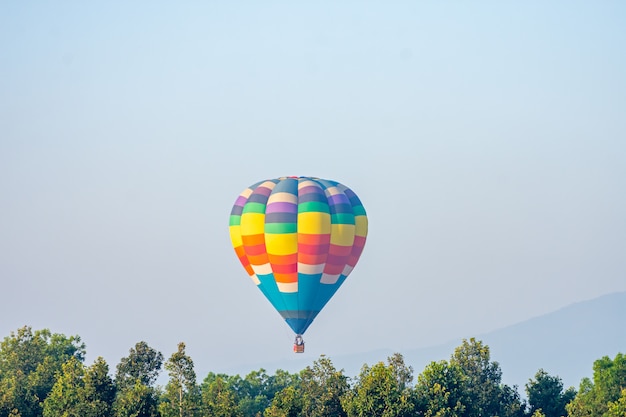 Reizen en toerisme. Kleurrijke hete luchtballon die in de bergen, mooie bloementuinen vliegt die op de mand worden bekeken.