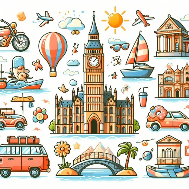 Reizen en vakantie Illustraties van reizen op witte achtergrond