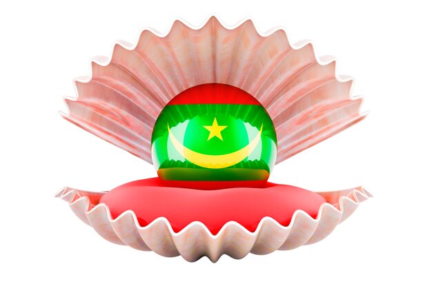 Reizen in Mauritanië concept Parel met Mauritaanse vlag in zeeschelp 3d rendering geïsoleerd op witte achtergrond