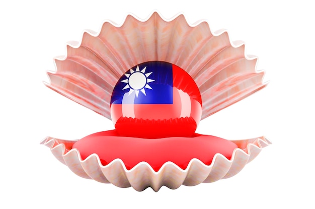 Reizen in Taiwan concept Parel met Taiwanese vlag binnen zeeschelp 3D-weergave geïsoleerd op een witte achtergrond