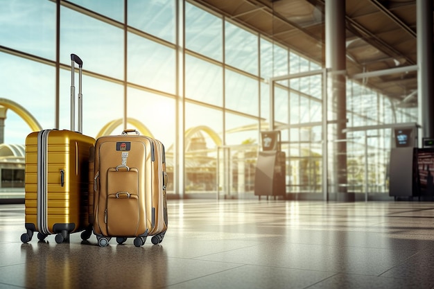 Reizen met bagage op de luchthaven Veelkleurige bagage in de ontstaansgeschiedenis van AI van de luchthaventerminal