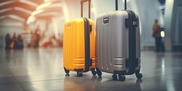 Reizen mode close-up shot van twee plastic koffers staande op lege luchthaven Corr generatieve AI
