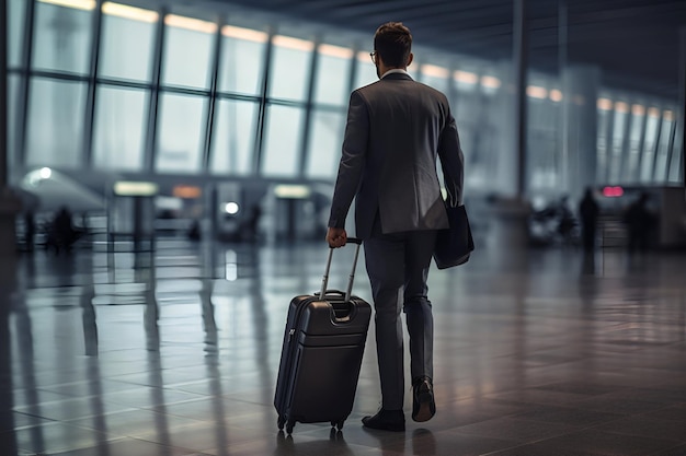 Reizen naar het werk Terugzicht op zakenman in pak met koffer bagage tas op de luchthaven