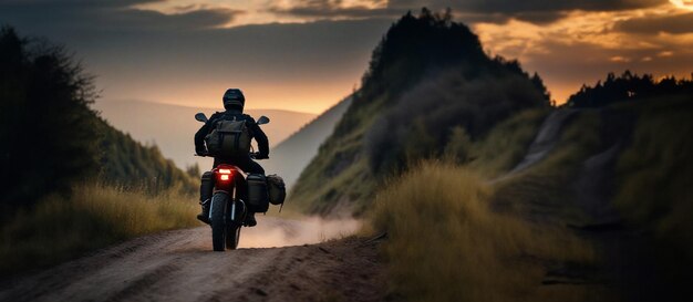 Reizen op een tourenduro motorfiets langs een bergweg in de zomer met tasjes en een rugzak