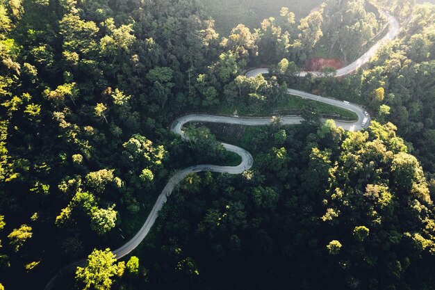 Reizen op kronkelende bergweg Luchtfoto van kronkelende weg te midden van bomen