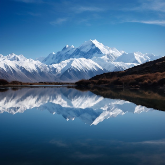 Reizen sneeuw landschap reflectie rots landschap water berg natuur meer Generatieve AI