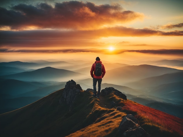 Reizende fotograaf bewondert de prachtige zonsopgang op de top van de Karpaten