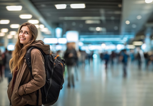 Foto reizende vrouw met rugzak op de internationale luchthaven of treinstation vertrek of aankomst bokeh