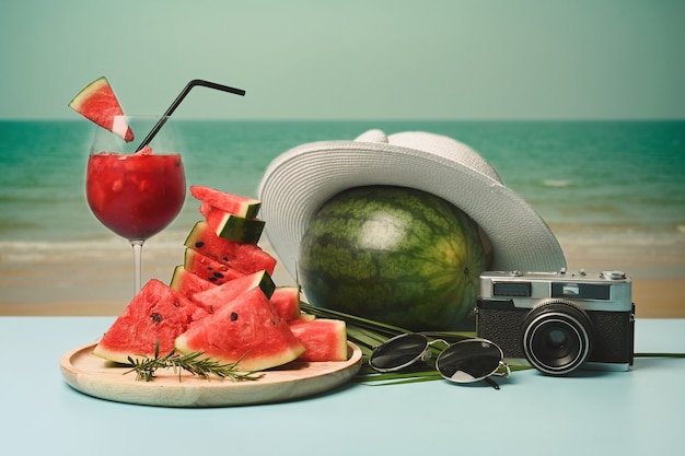 Foto reiziger accessoires en watermeloen smoothie op tafel met zomer strand achtergrond.